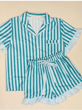 The Darling Effect Striped Teal & White Pajama Set Top